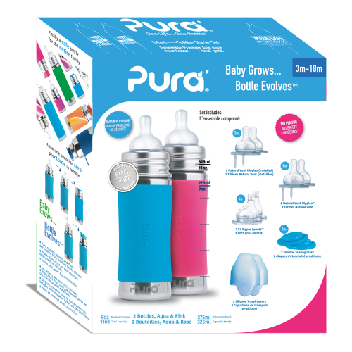 Pura Kiki Geschenkset Babyflasche (2Stk) in Wunschfarbe 300 ml Aqua/Rosa