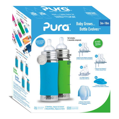 Pura Kiki Geschenkset Babyflasche (2Stk) in Wunschfarbe 300 ml Aqua/Grün